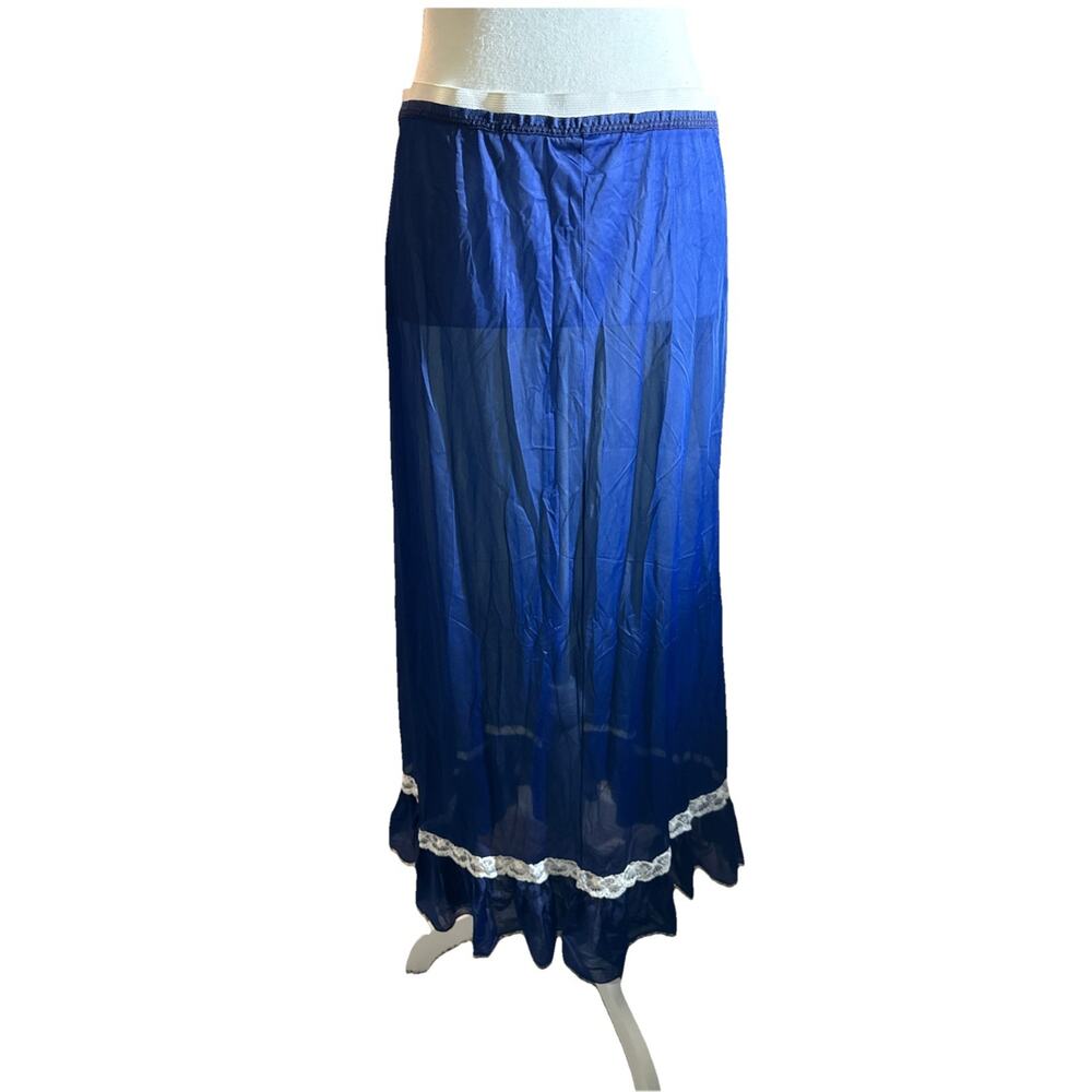 Vintage Vanity Fair Blue Sheer Nylon Maxi Skirt Slip Lace Trim 70s Medium Skirt